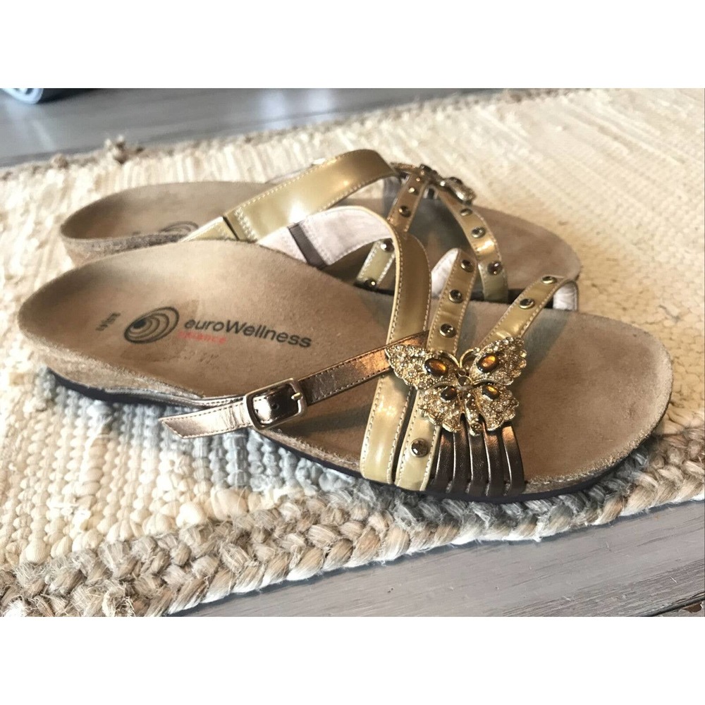Euro Wellness Balance Butterfly Gold Bronze Rhinestone Slip On Slide Size 9.5